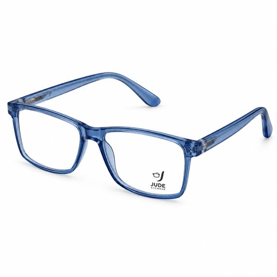 Jude Eyewear Sapphire Blue rectangular glasses, angled view.